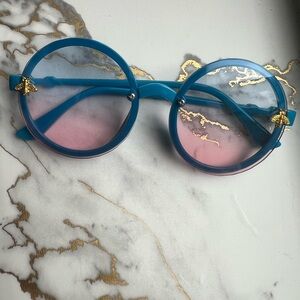 Girls Blue Round Sunglasses with Bee Charm